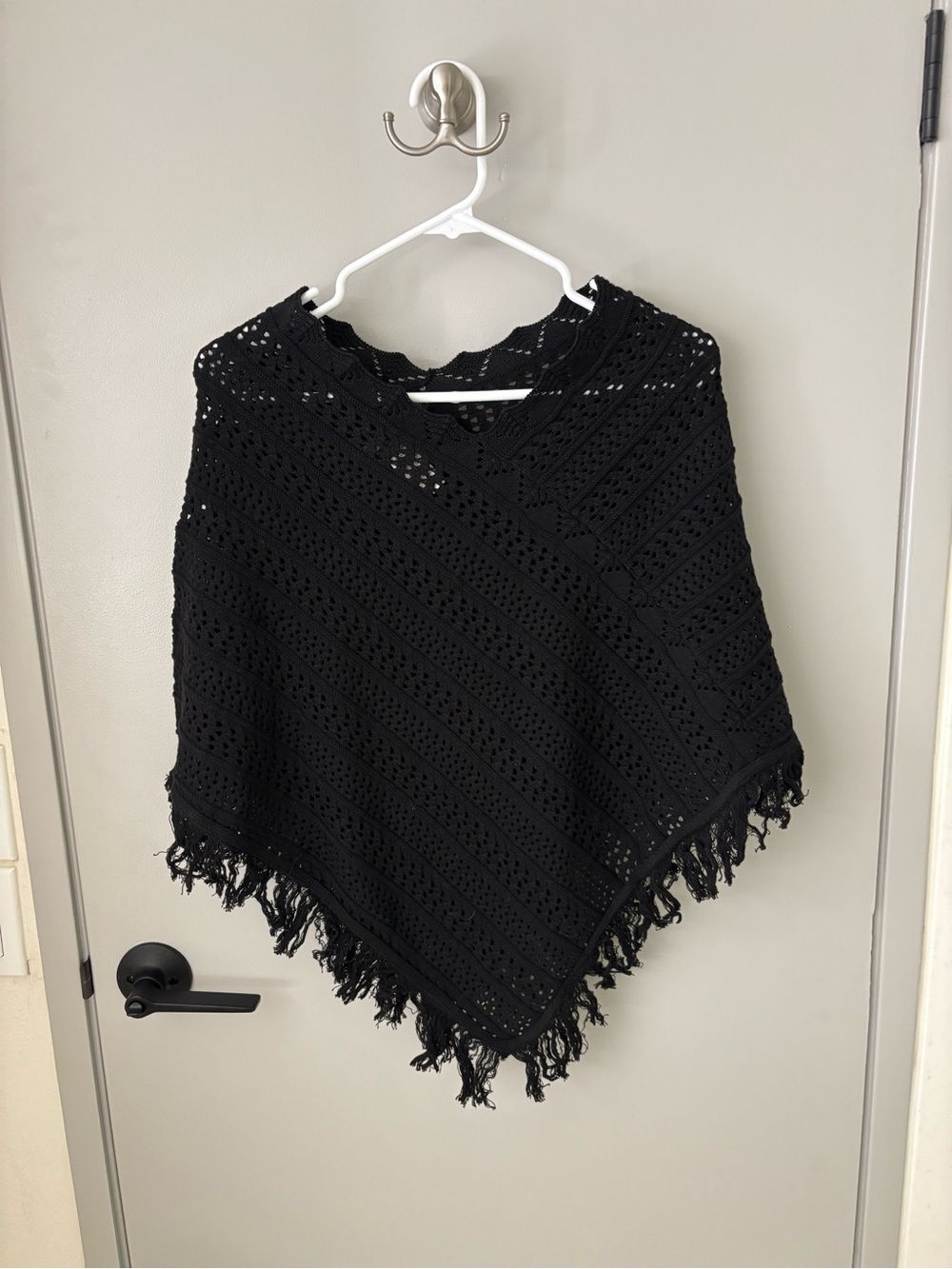 525 America Black Crochet Fringe Poncho